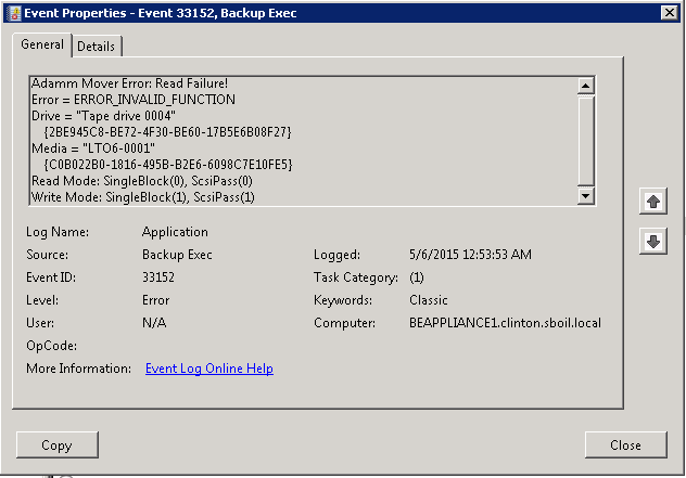 error id 33152 backup exec