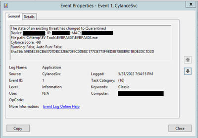 redacted_EVBPA qurantined by CylanceSvc.png