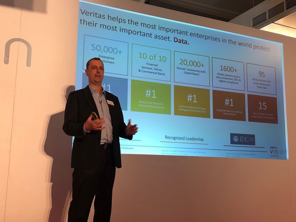 Jason Tooley, VP North Region said "Solve your business problems with Veritas." From the photo you can see Veritas is number 1 in data protection, a vendor you can trust in.