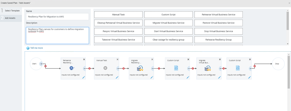 Cloud Mobility Resiliency Plan canvas allows customer to use drag drop feature to define migration run book